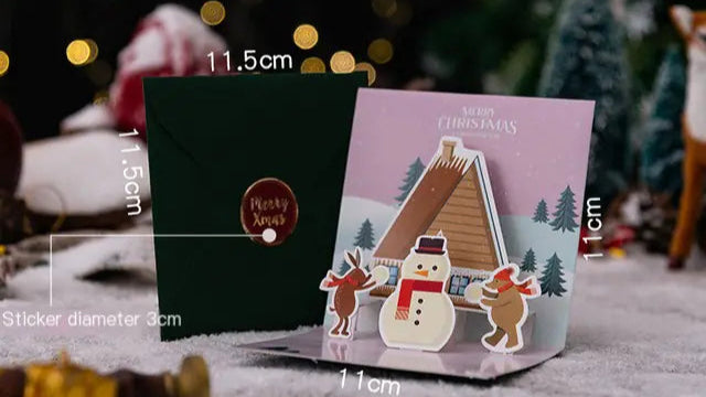 Christmas-themed card with measurements and decorative elements on a festive background