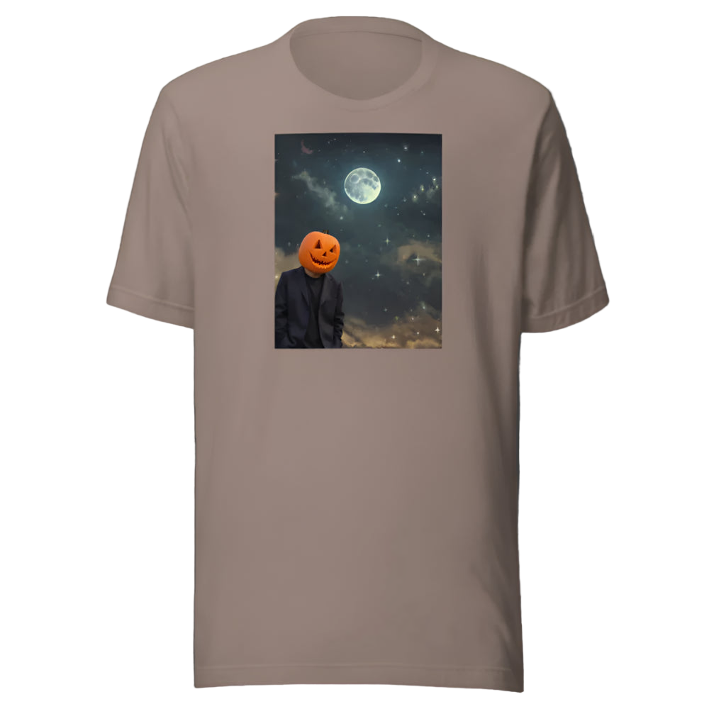 Brown t-shirt with a graphic of a person with a pumpkin head against a night sky with a moon.