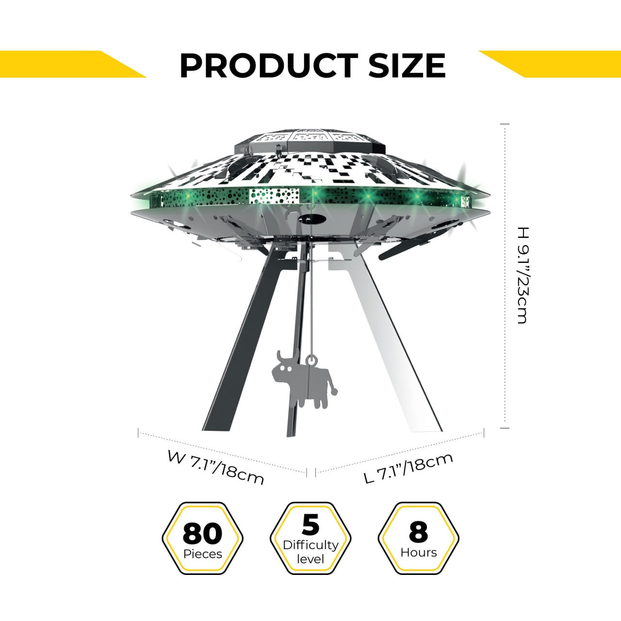 UFO-shaped product with dimensions and difficulty level indicators on a white background