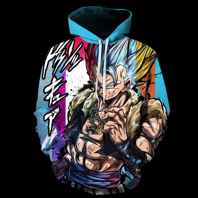 Hoodie with a colorful character design on a white background