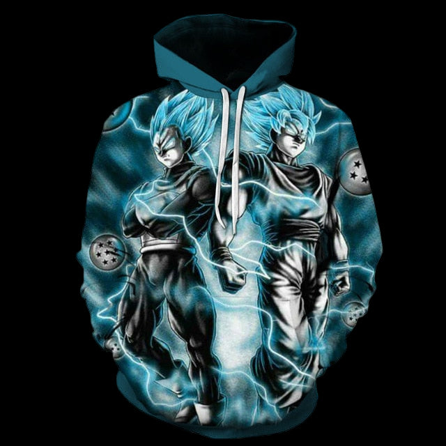 Hoodie with blue and black design featuring characters in dynamic poses on a white background