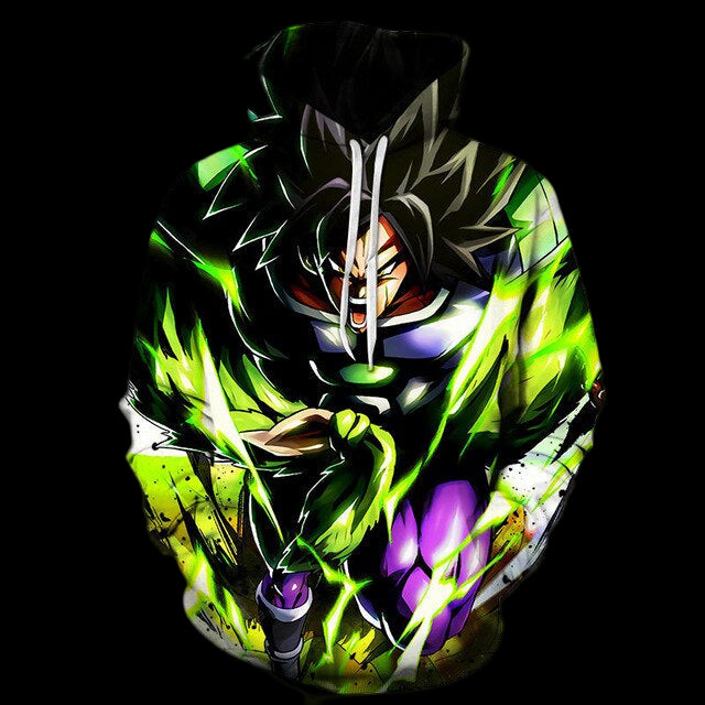 Hoodie with a character design in green and black on a white background