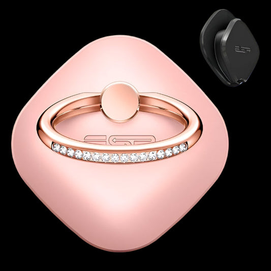 Rose gold phone ring stand with clear gemstones and a black car mount on a white background
