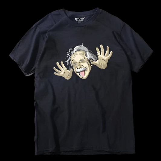 Black t-shirt with a cartoon-like depiction of a character with hands raised on a white background