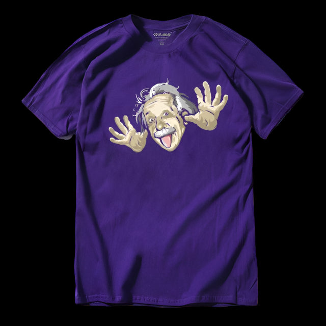 Purple t-shirt with a graphic of a cartoonized Einstein on a white background
