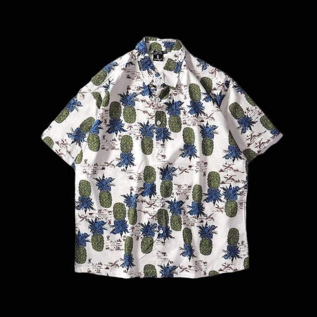 Short-sleeve shirt with pineapple and floral pattern on a white background