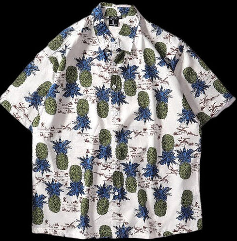 Short-sleeve shirt with pineapple and floral pattern on a white background