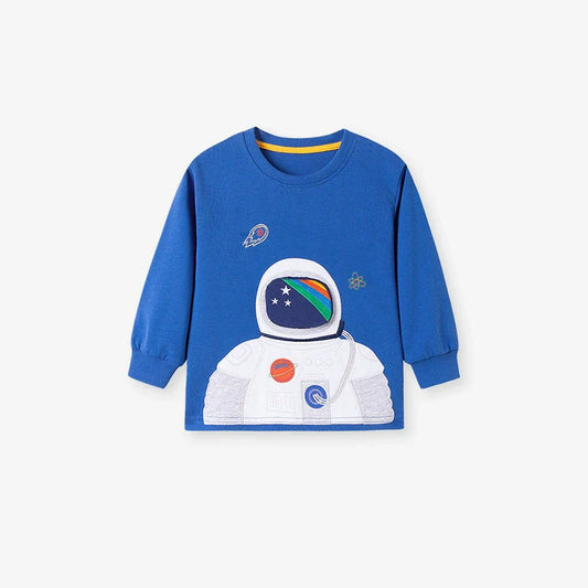 Autumn Arrival Kids Boys Astronaut Cartoon Pattern Crew Neck Long Sleeves Top Sweatshirt-0