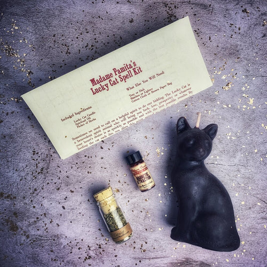 Black cat figurine, bottles, and a letter on a textured surface