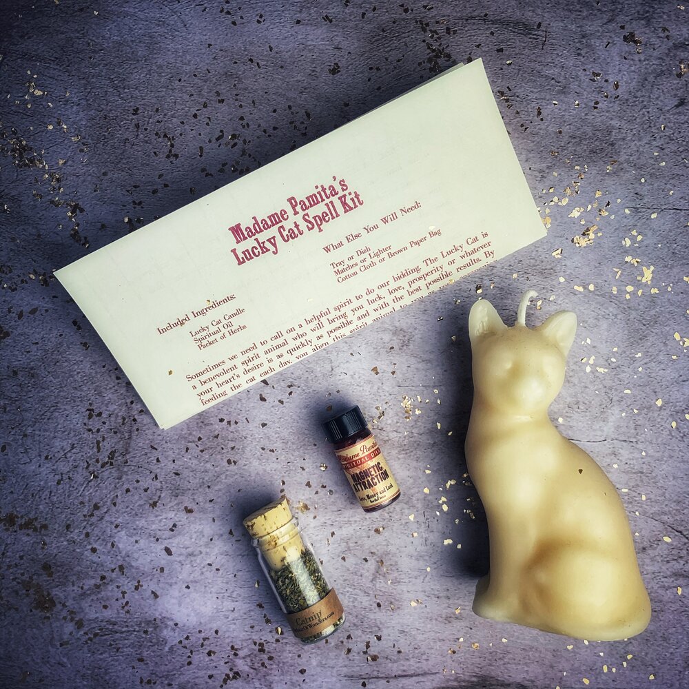 Spell kit with a cat-shaped candle, bottles, and a letter on a textured surface