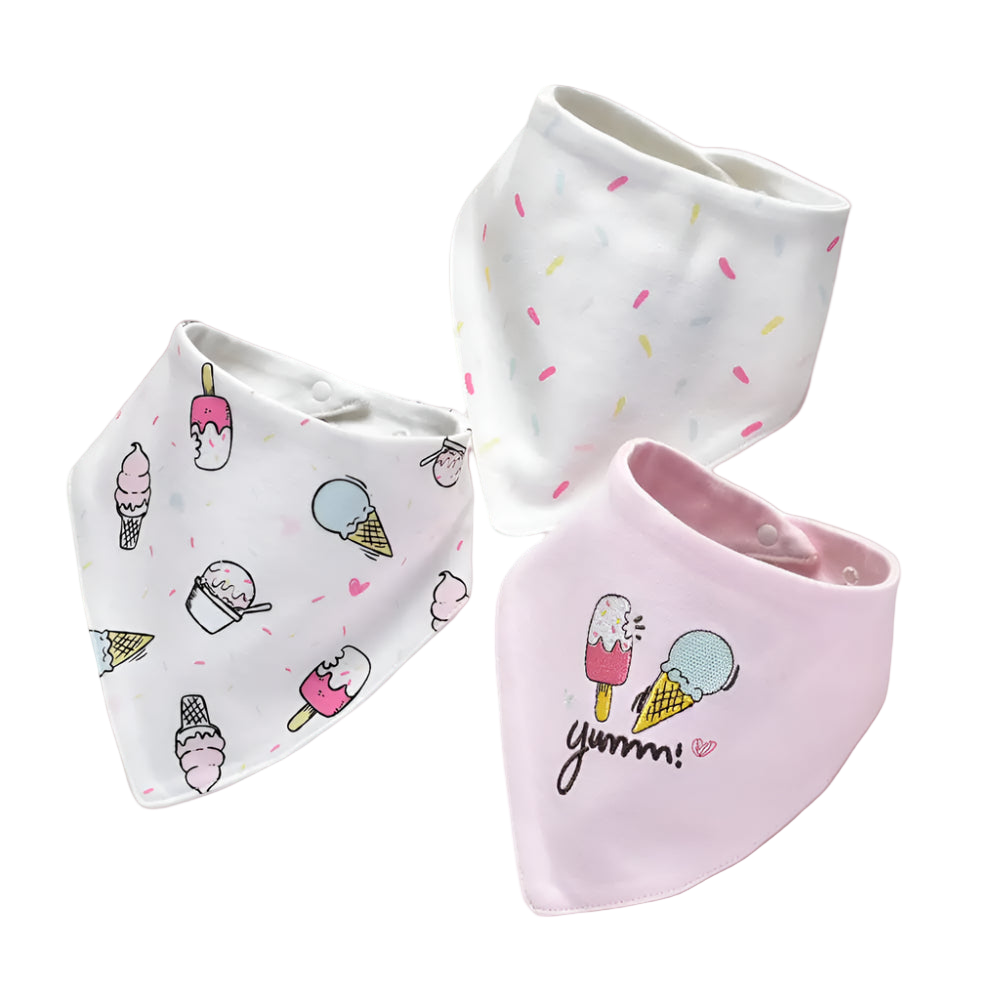 Three baby bibs with ice cream cone and 'yummy!' designs on a white background