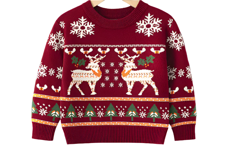 Red Christmas sweater with reindeer and snowflake patterns on a hanger against a white background