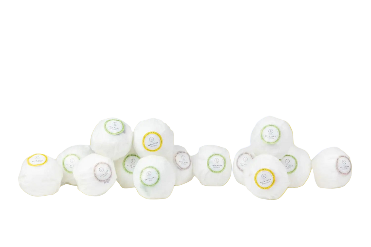 White spherical objects with labels on a light gray background