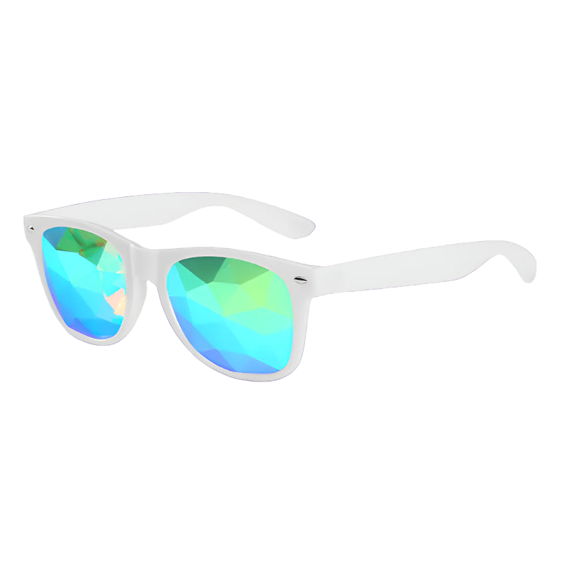 White sunglasses with blue and green reflective lenses on a white background