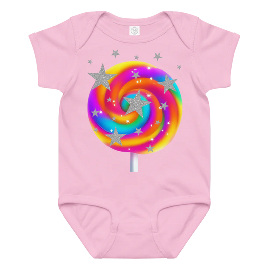 Pink baby onesie with a colorful lollipop design on a white background