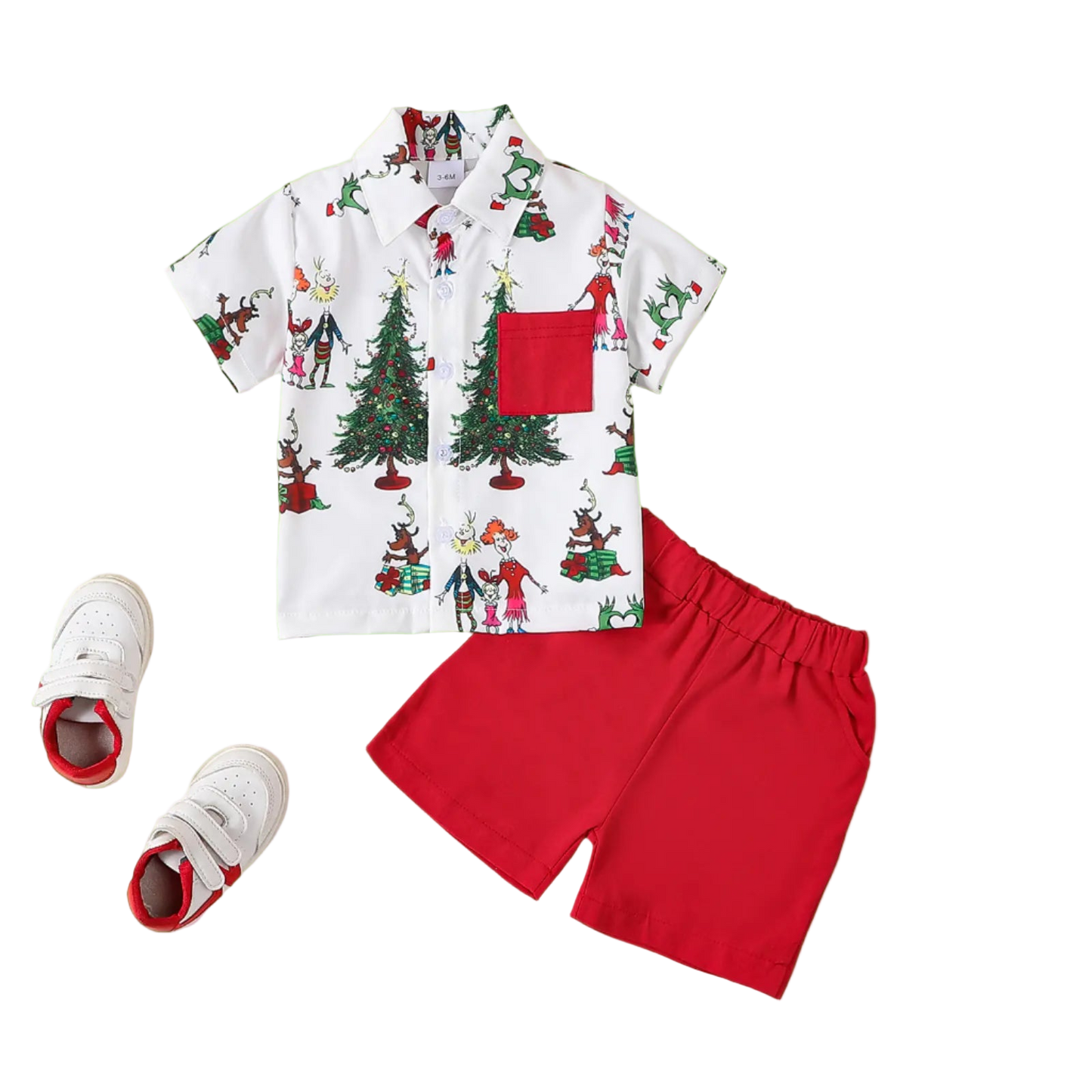 Children's Christmas-themed outfit with shirt, shorts, and shoes on a beige background.