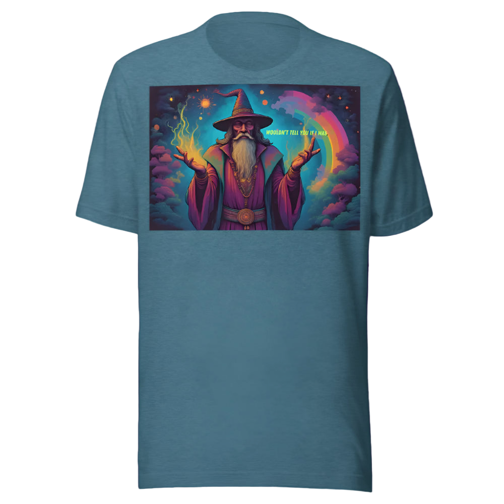 Blue t-shirt with a colorful graphic of a wizard on a white background