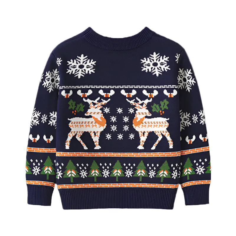Navy blue sweater with reindeer and snowflake pattern on a white background