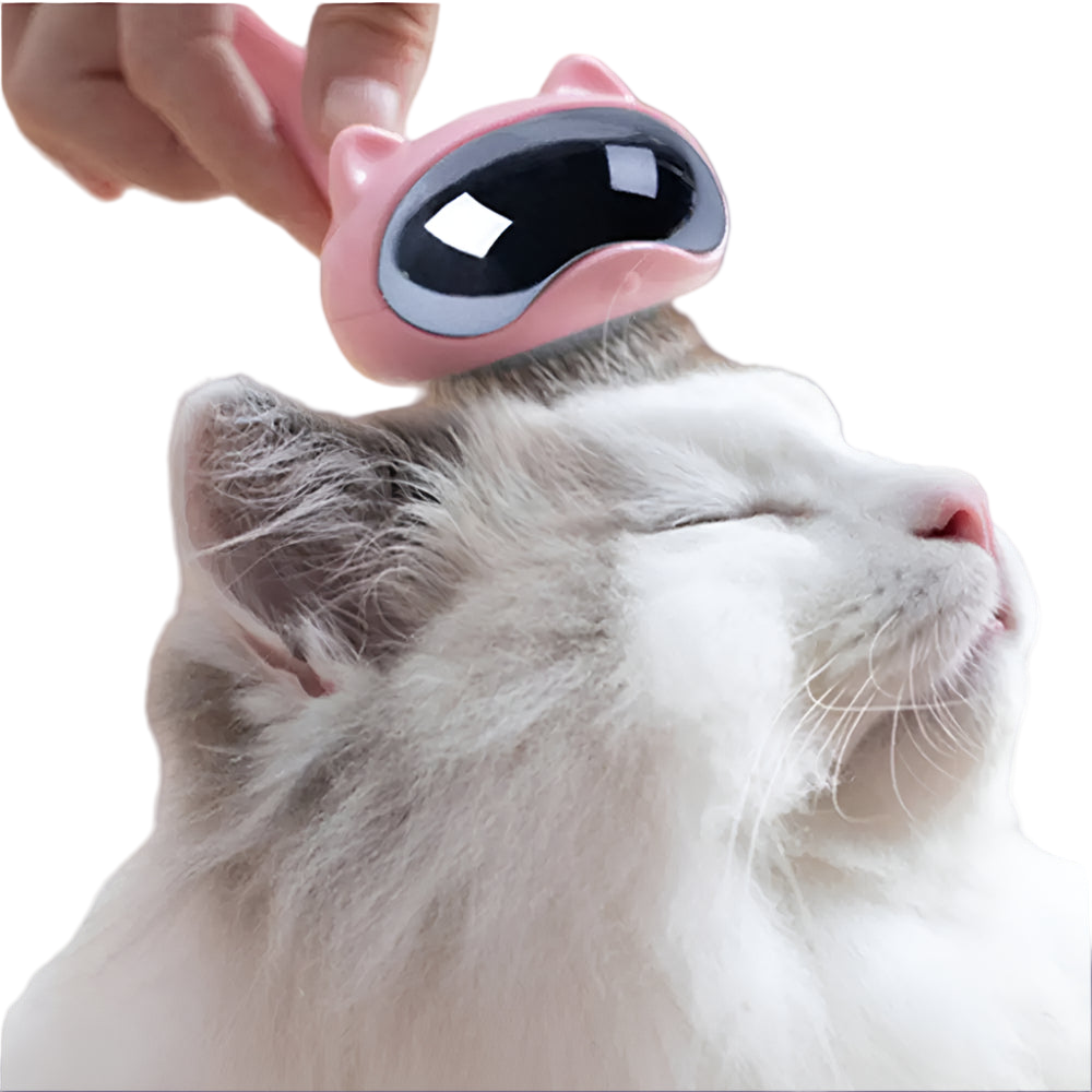 Cat being groomed with a pink grooming tool shaped like a cat's face