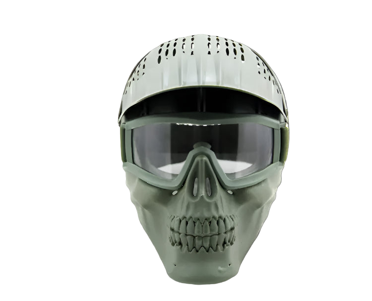 Skull-shaped mask with clear visor on a white background