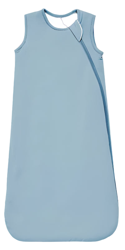 Light blue baby sleeping bag with temperature information on a white background