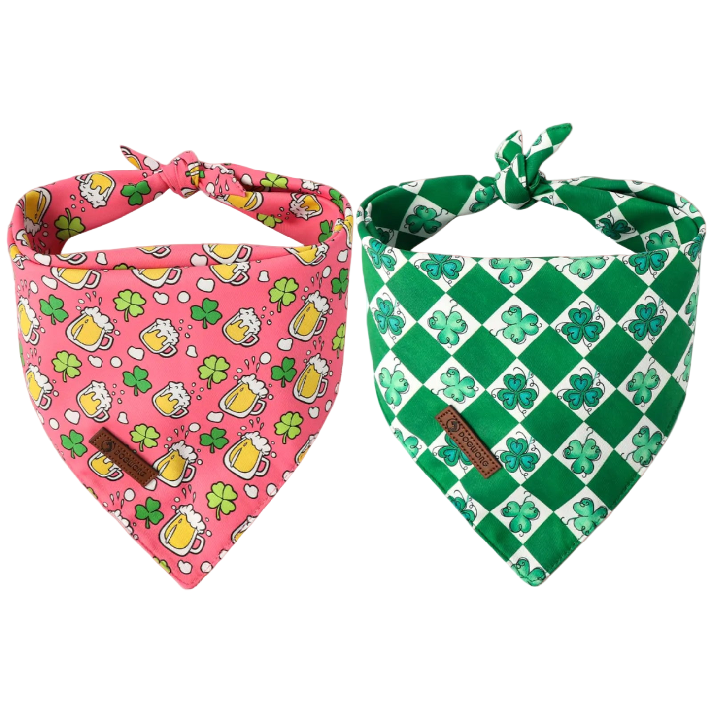 Two dog bandanas, one pink with beer and shamrock pattern, the other green checkered, on a white background.