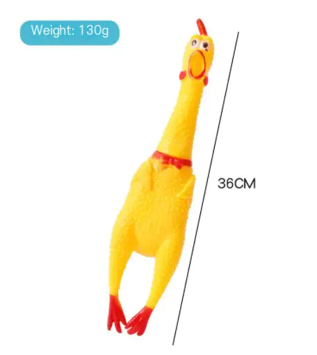 Yellow toy chicken with red accents on a white background, showing weight and length measurements.