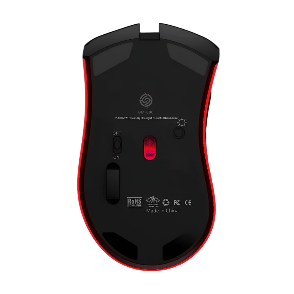 Black gaming mouse with red accents on a white background
