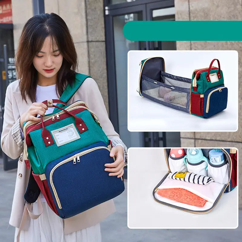 Woman holding a multicolored backpack with additional images showing its compartments.