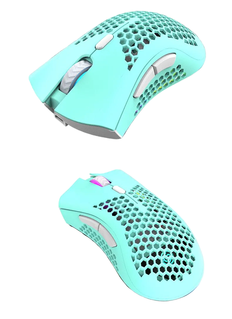 Light blue gaming mouse with RGB lighting on a keyboard