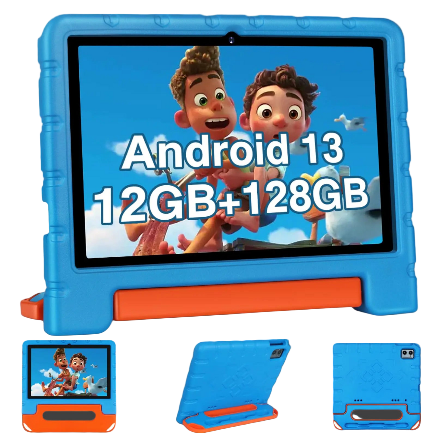 Tablet with blue and orange case featuring cartoon characters and text about Android version and storage capacity.