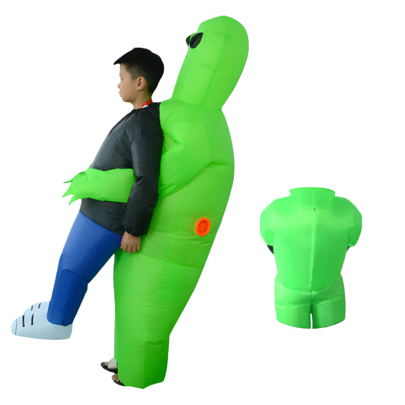 Person wearing a green inflatable dinosaur costume with a close-up of the back on a white background.