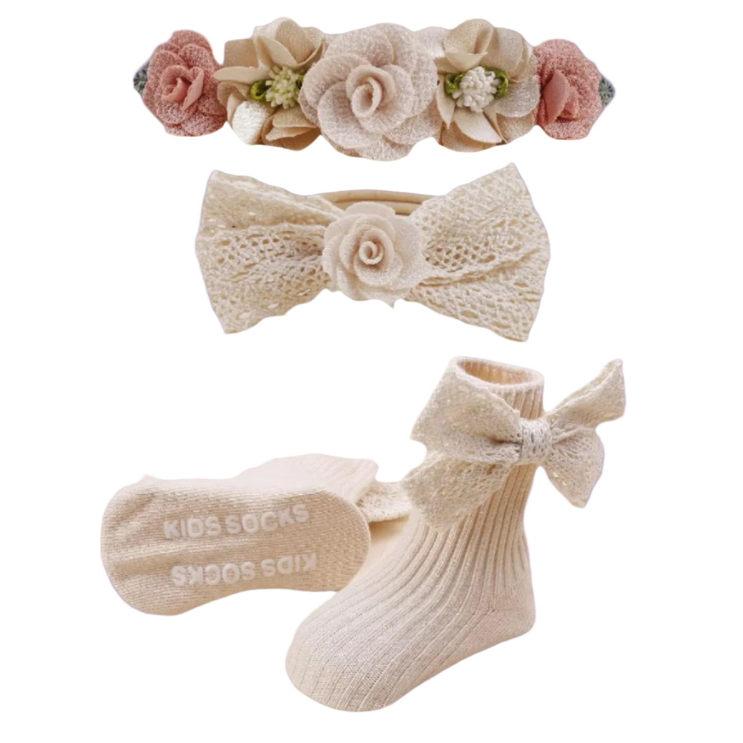 Set of baby headbands and socks with floral designs on a white background