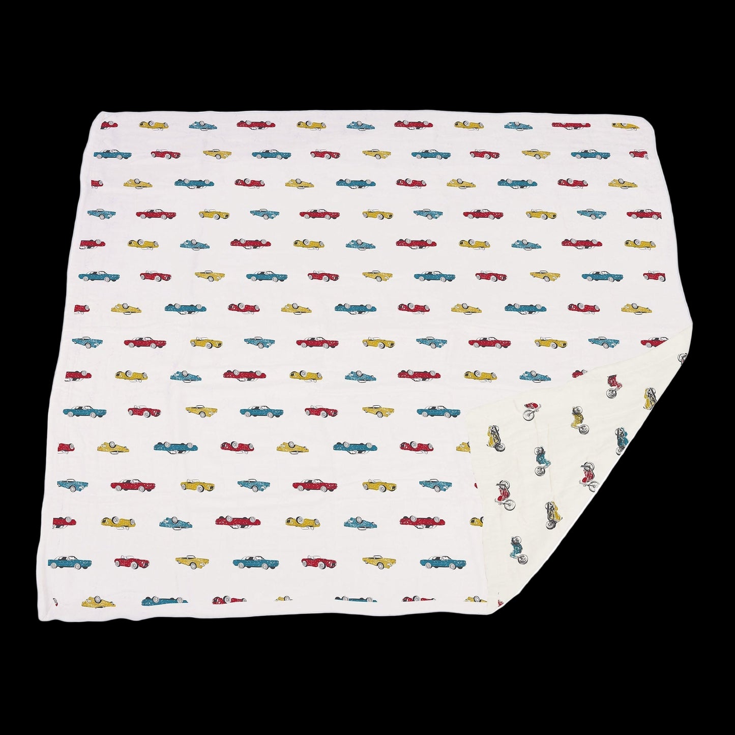Fabric with colorful car pattern on a white background