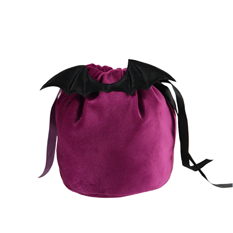 Purple drawstring bag with black wing-like accents on a neutral background
