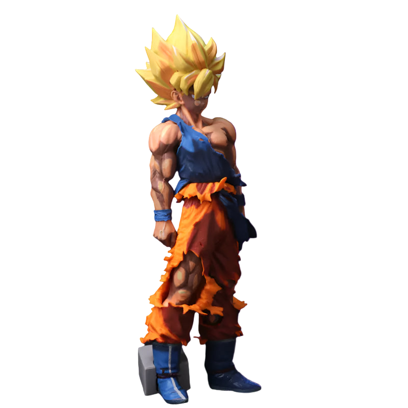 Super Saiyan character figure in orange and blue outfit on a black background