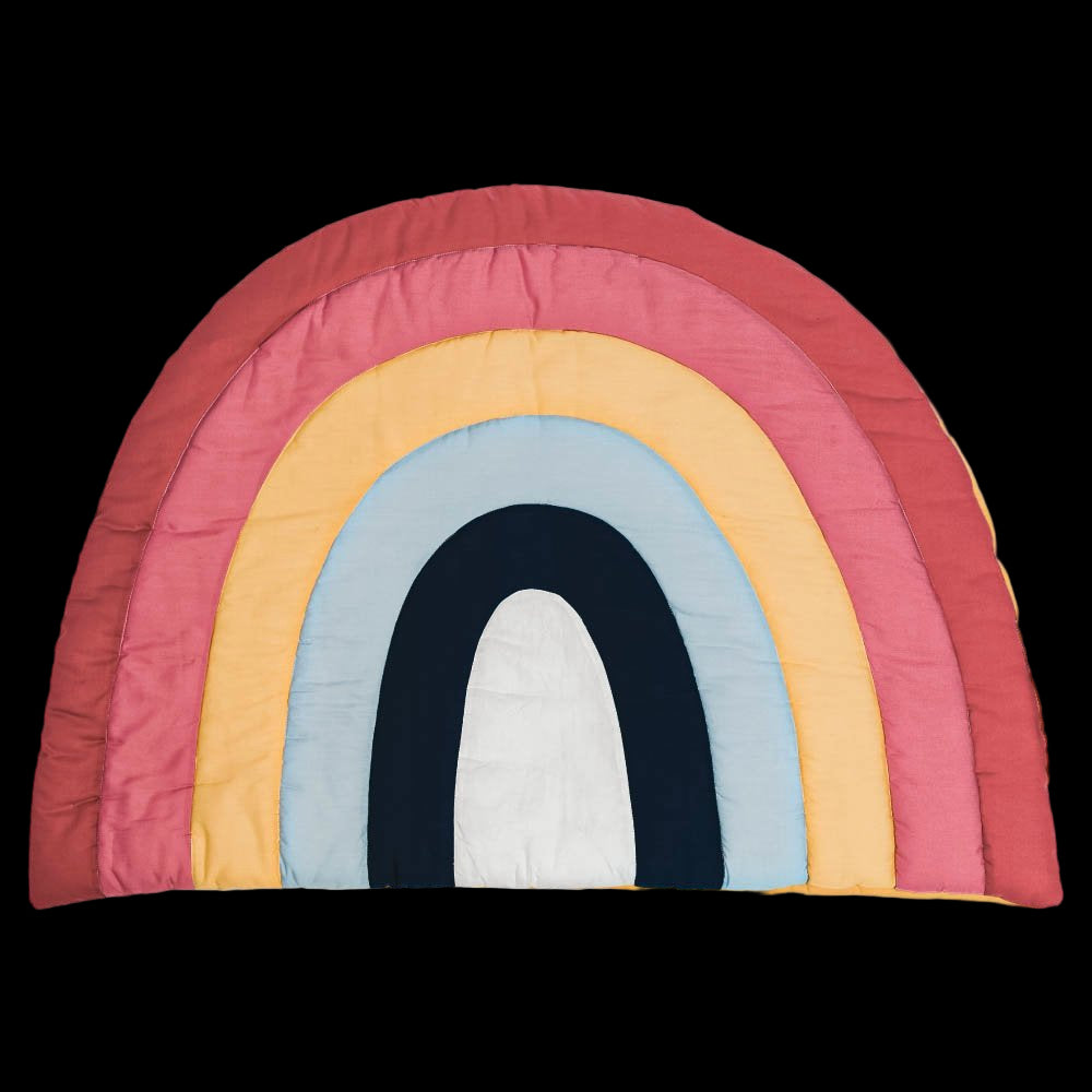 Rainbow-shaped cushion with colorful arches on a white background