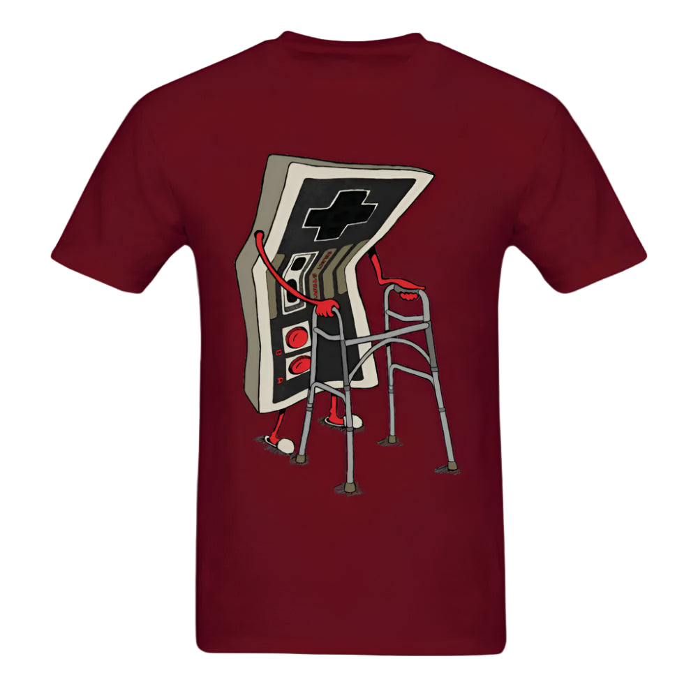 Maroon t-shirt with a graphic design of a control panel and chair on a white background