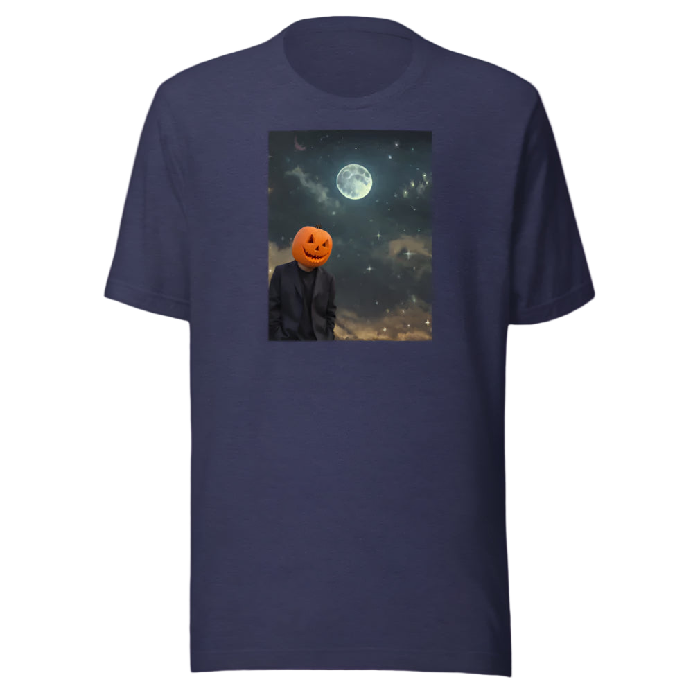 Navy blue t-shirt with a graphic of a person with a pumpkin head against a night sky with a moon.
