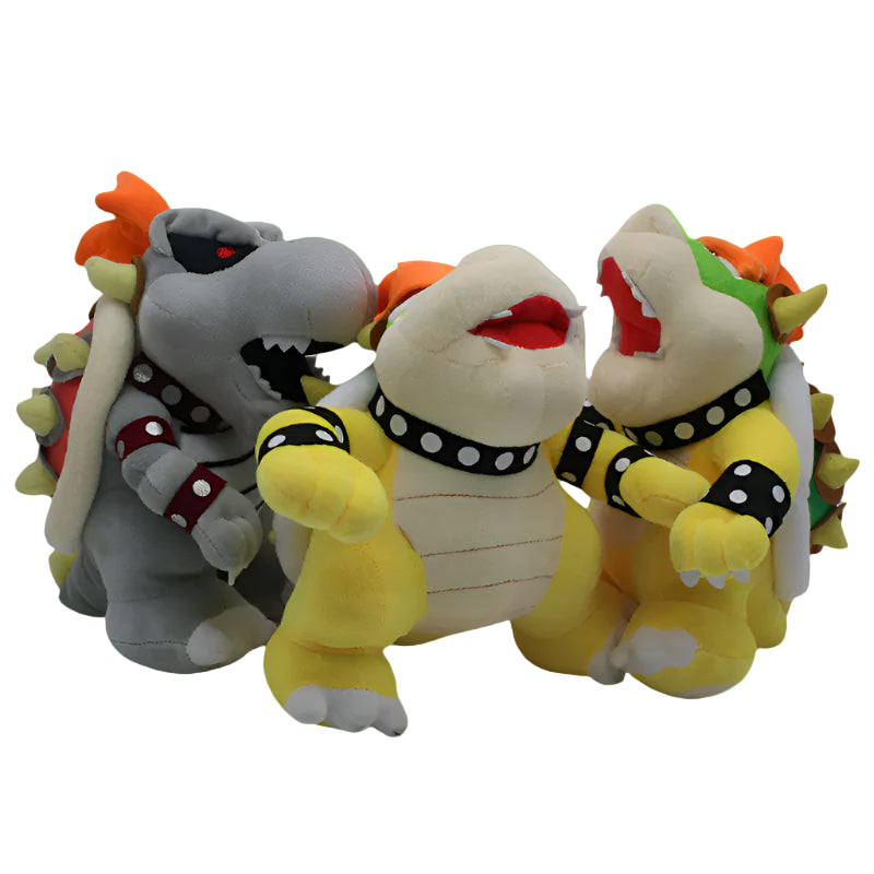 Three Bowser plush toys in different colors on a white background