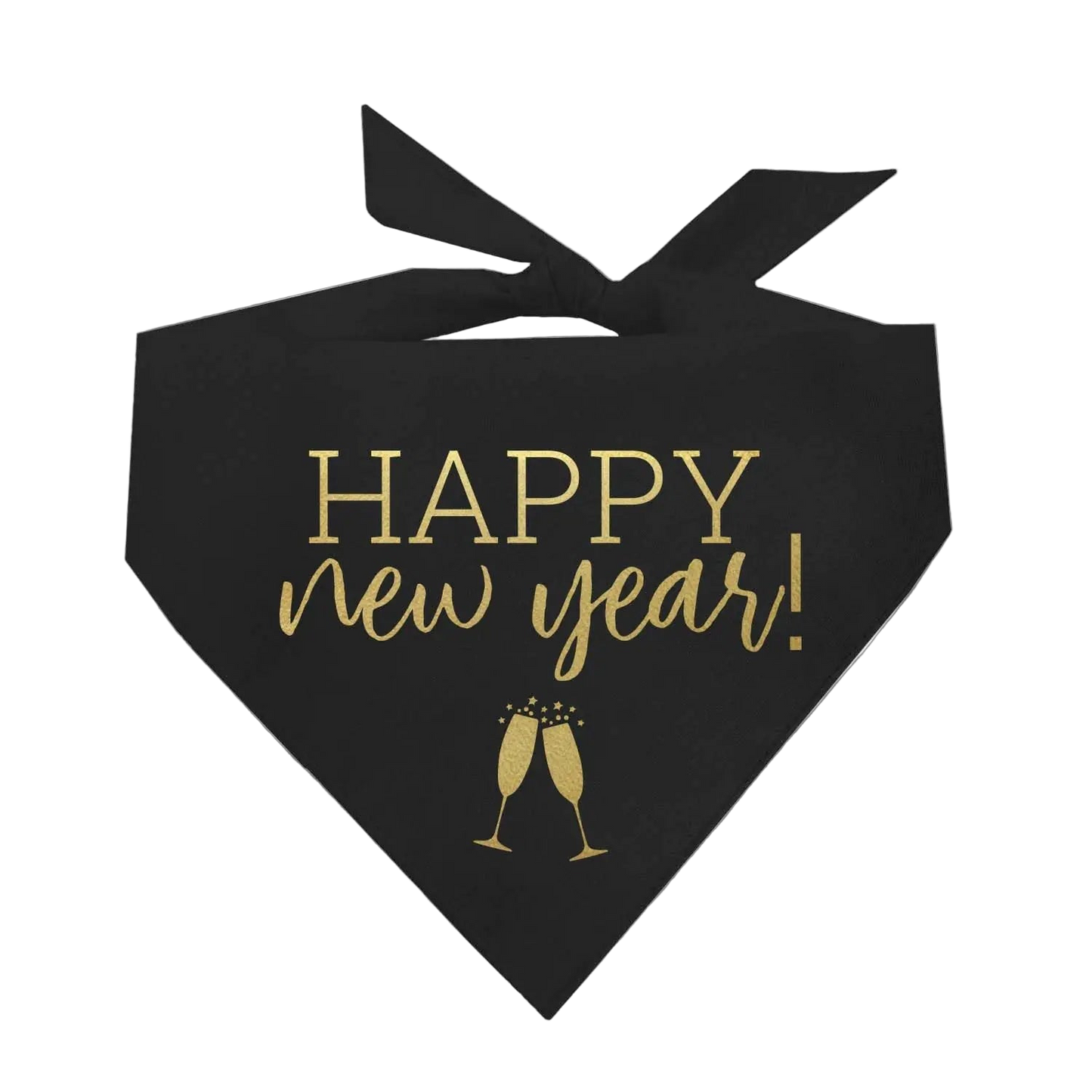 Black bandana with 'Happy New Year!' text and champagne glass design on a white background