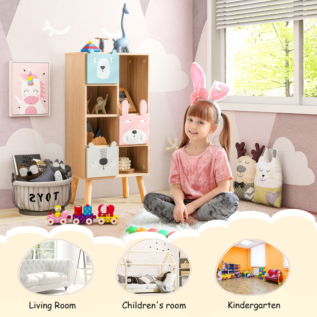 Child in a room with children's furniture and toys, including a bookshelf and stuffed animals.