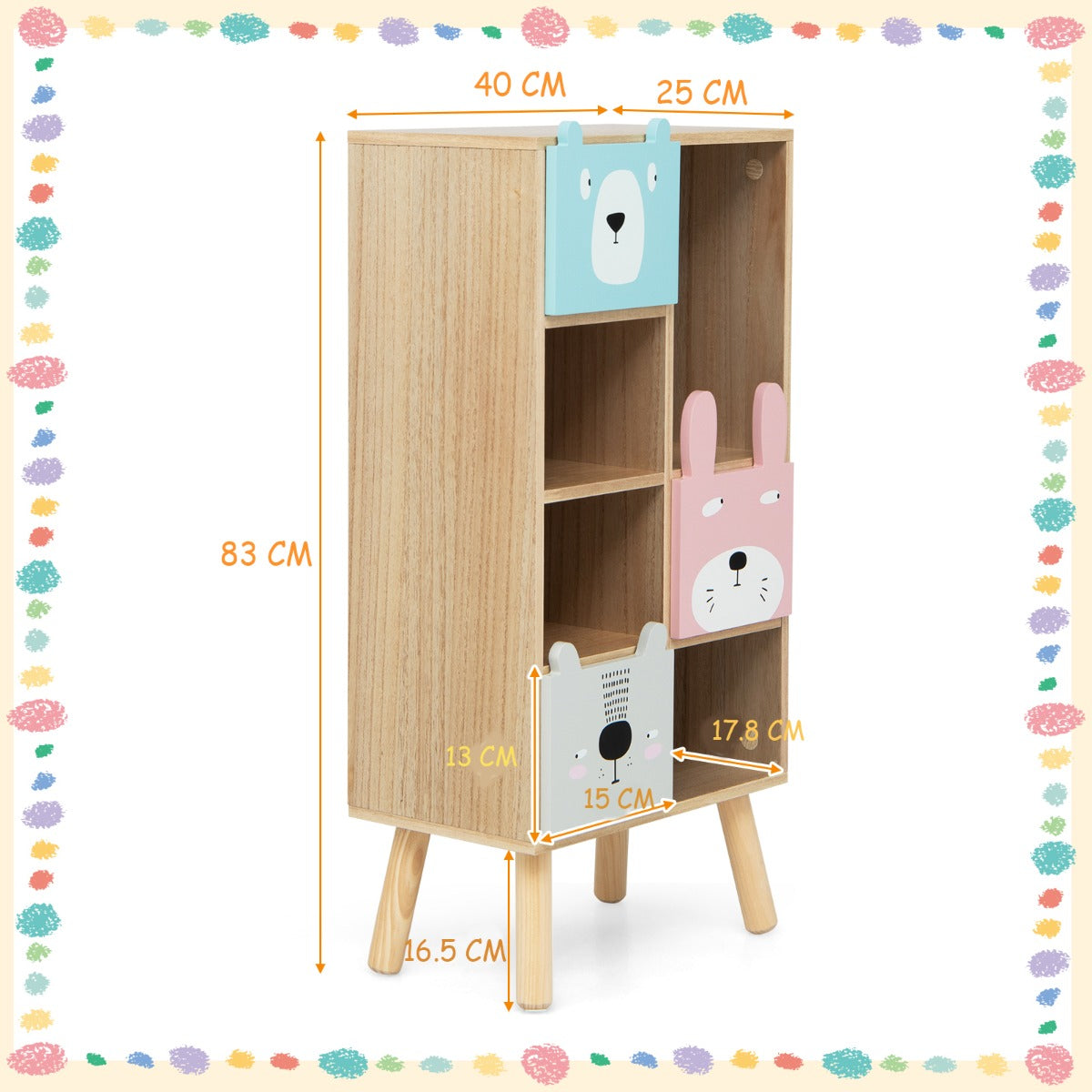 Children's cabinet with cartoon animal faces on doors, shown with measurements.