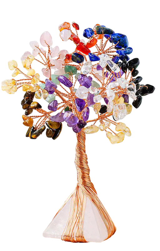 Colorful crystal tree on a wooden surface with a white background