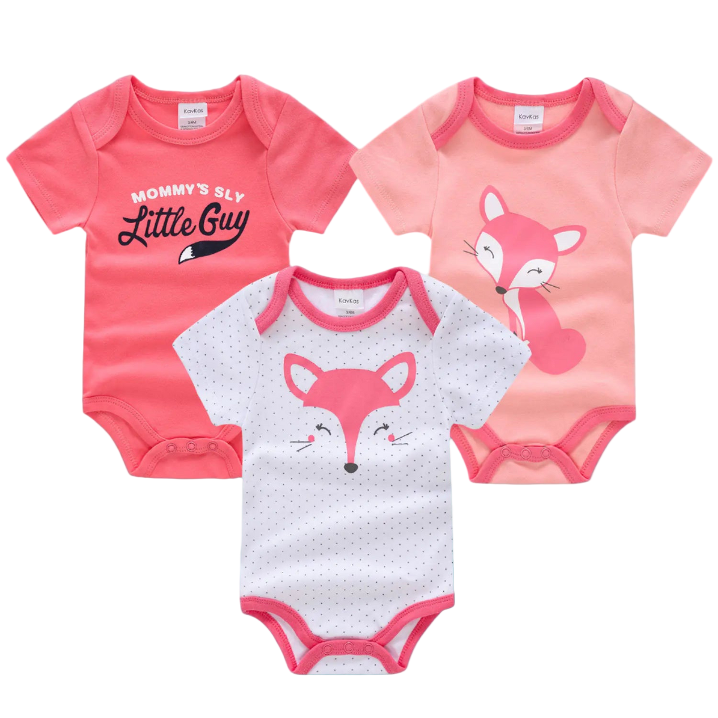 Three baby bodysuits with fox designs on a white background