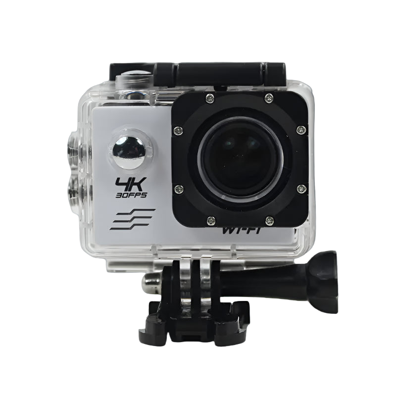 Action camera with 4K and WiFi features on a white background