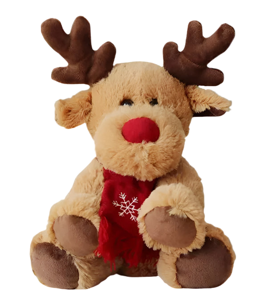 Plush reindeer toy with a red scarf on a white background