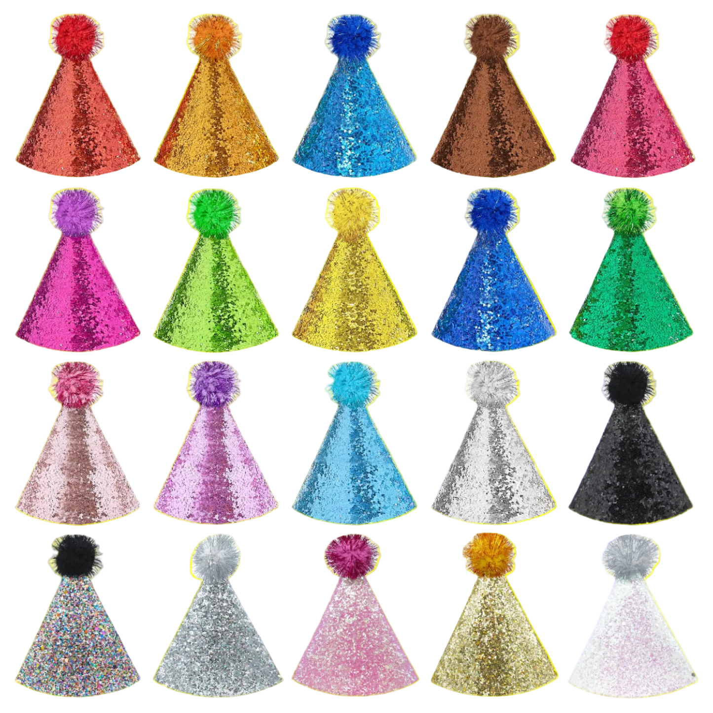 Set of colorful sequin party hats with pom-poms on a white background