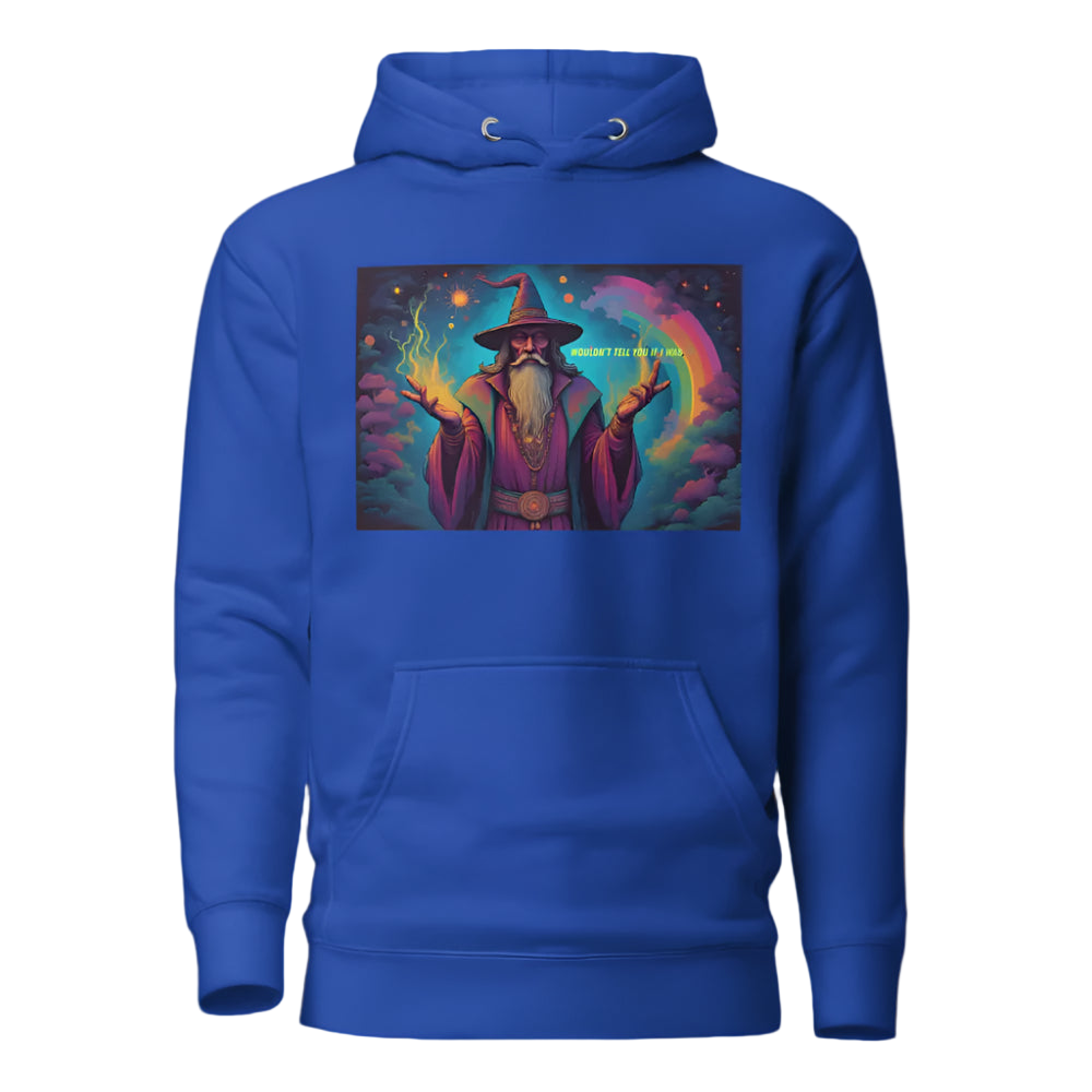 Blue hoodie with a colorful wizard graphic on a white background