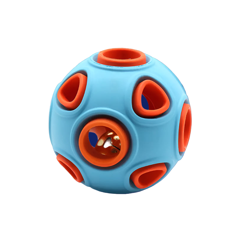 Blue and orange puzzle ball toy on a white background